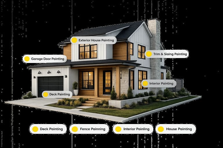 Modern house with labeled painting services: exterior, garage door, deck, fence, trim, siding, and interior painting highlighted with yellow indicators.